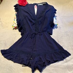 She + Sky NavyRuffled and Crochet Romper Size Small